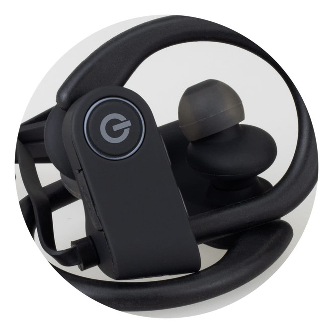 A pair of black Bluetooth earbuds with an ear hook, featuring a logo on the control panel.