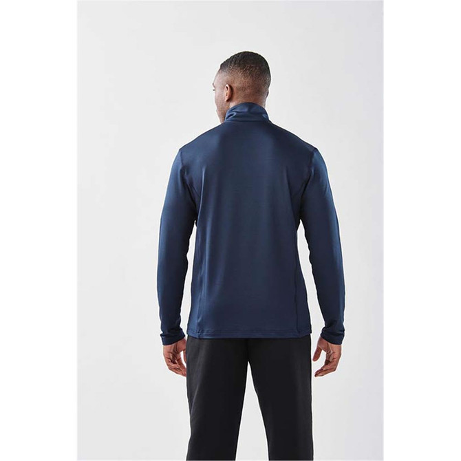 A men's long sleeve 1/4 zip shirt in navy, featuring a back view and a logo.