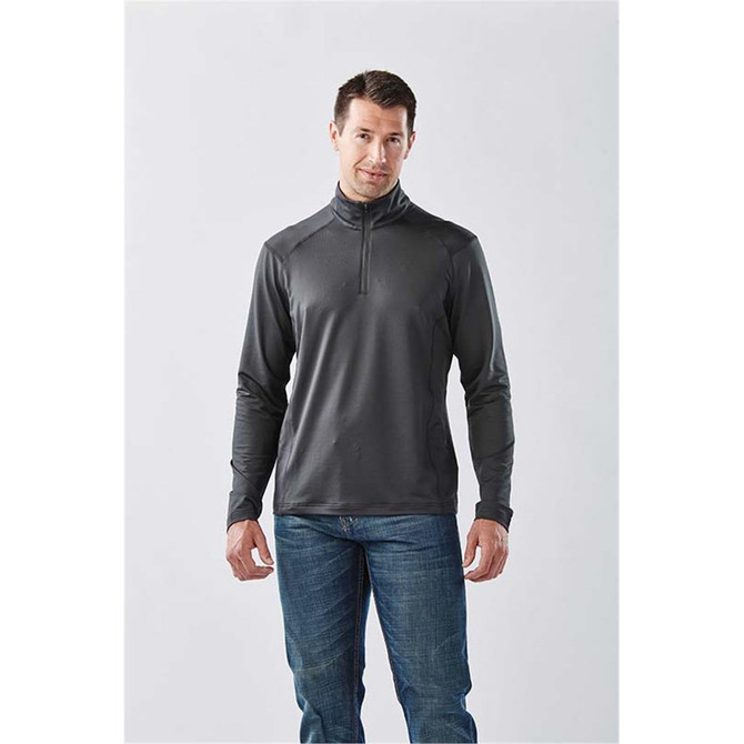 A men's long sleeve quarter zip shirt in dark grey, featuring a fitted design and a subtle logo.