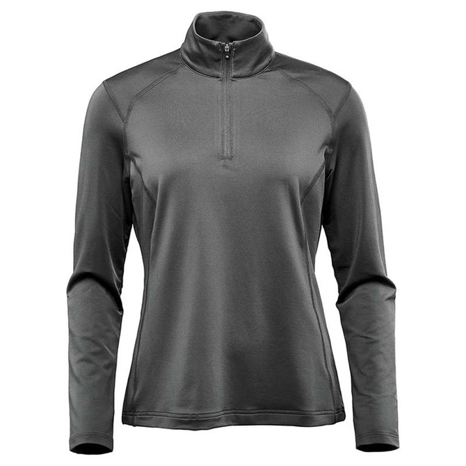 A women's long sleeve quarter zip jumper in dark grey with a sleek design and a logo on the chest.