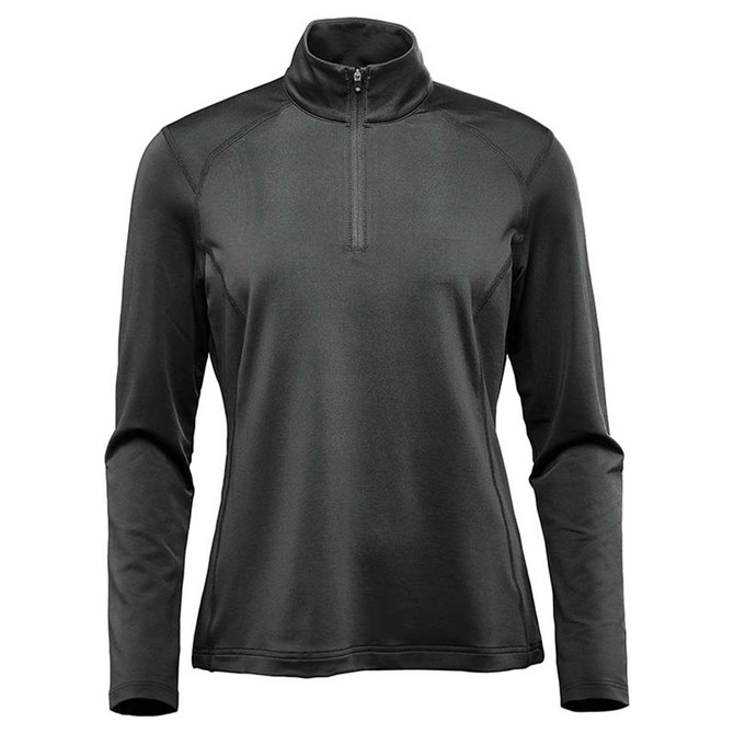 A women's long sleeve jumper in black featuring a 1/4 zip and a fitted design. It has branding on the garment.