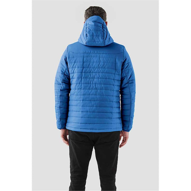 A blue Men's Nautilus Quilted Hoody featuring a hood and a quilted texture, viewed from the back.