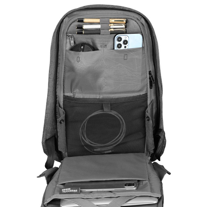 A grey backpack interior with compartments for pens, a phone, cables, and a laptop. It includes a logo.