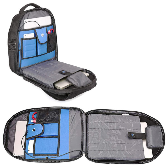 A black backpack with blue interior compartments, featuring pockets for a laptop and various devices. Includes a logo.