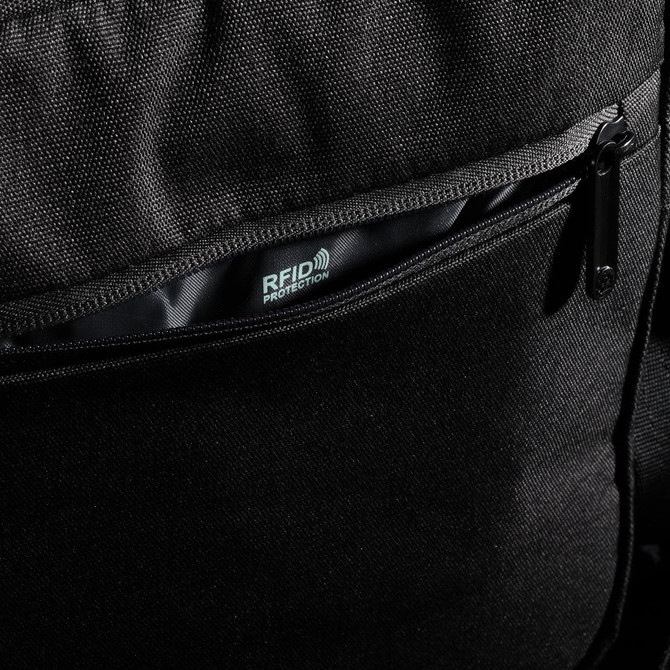 A black shoulder bag featuring an RFID protection pocket and a zip closure. The bag has a textured fabric.