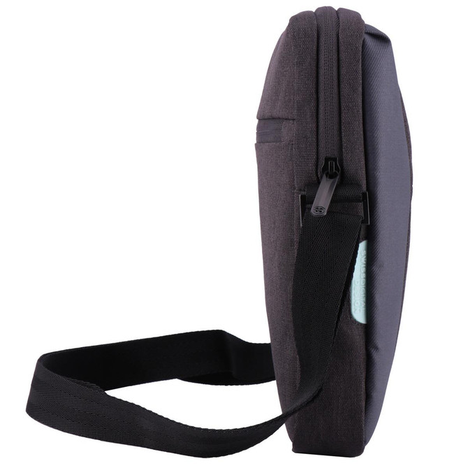 A side view of a grey and black laptop shoulder bag with a strap and a small logo.