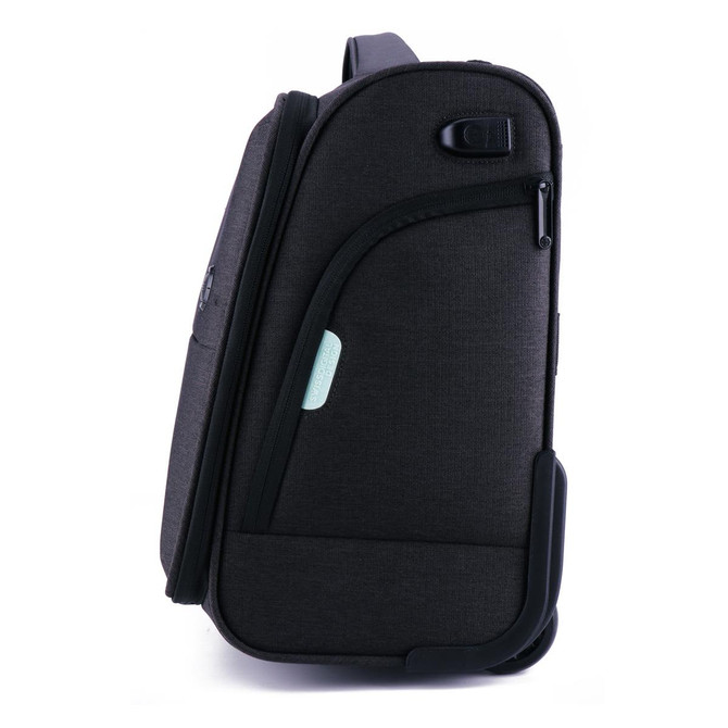 A wheeled underseat luggage bag in dark grey with a zippable compartment and a brand logo.