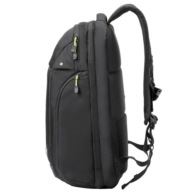 A sleek black backpack with mesh side pockets and zippers, featuring adjustable shoulder straps and a branding logo.
