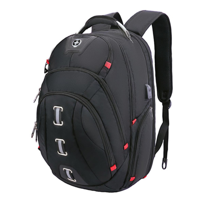 A black Swissdigital Pixel Backpack featuring red accents, multiple compartments, and a branded logo.