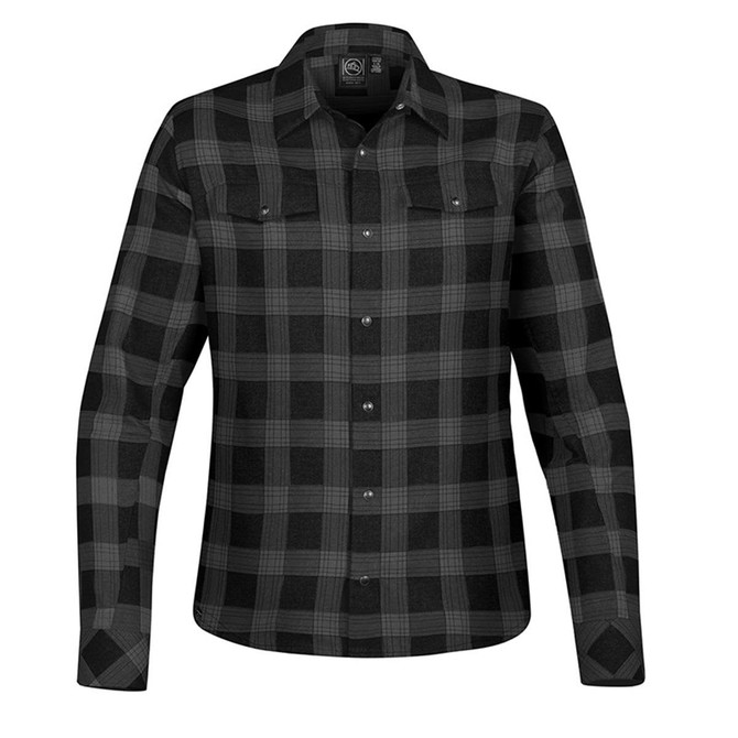 A button-up shirt featuring a black and grey plaid pattern, with long sleeves and front pockets.