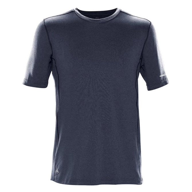 A short-sleeved men's t-shirt in dark navy blue with a logo on the side.