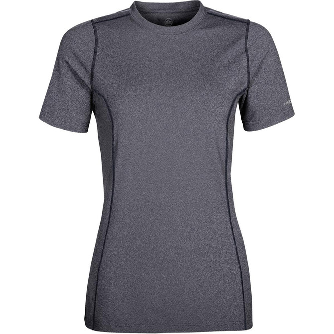 A women's short-sleeve t-shirt in a grey colour, featuring a fitted design and a logo.