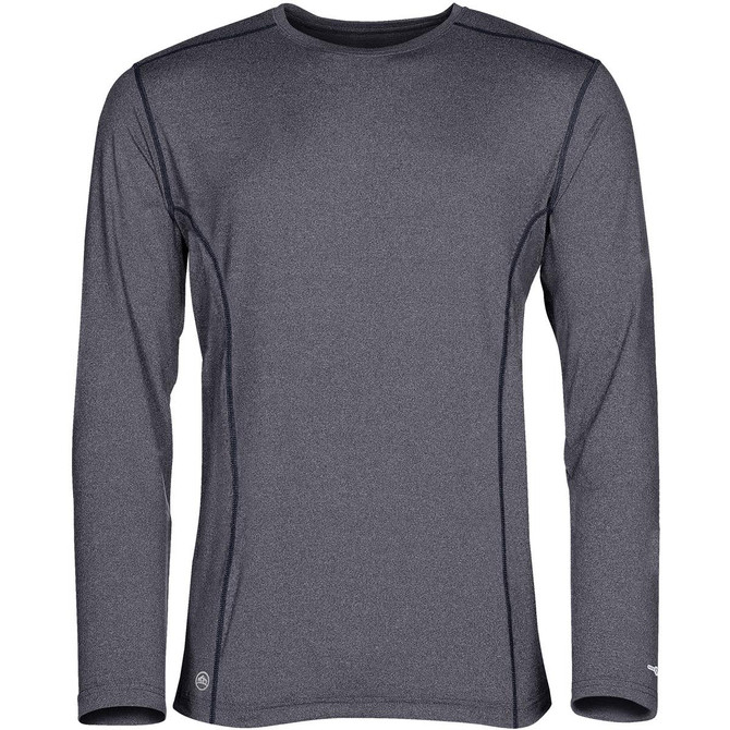 A long-sleeve men's t-shirt in grey featuring a logo, designed for comfort and active use.