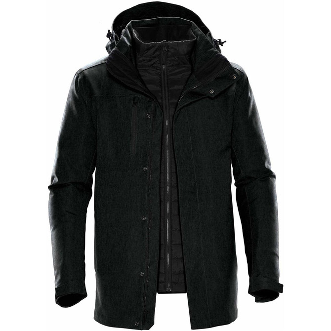A black Men's Avalante System Jacket with a hood and multiple pockets. It features a logo on the front.