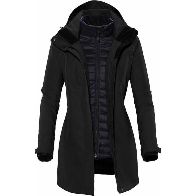 A black women's jacket featuring a hood and a zippered front, with a quilted inner lining and a logo.