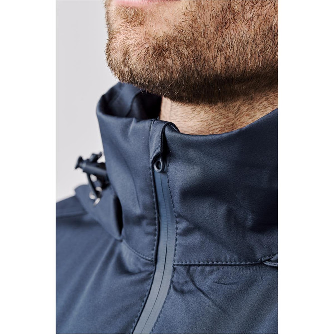 A close-up of a person's neck and chin wearing a dark navy rain jacket with a collar and zip.