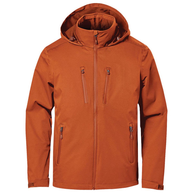 A lightweight orange rain jacket featuring a hood and multiple zippered pockets. It has branding on it.