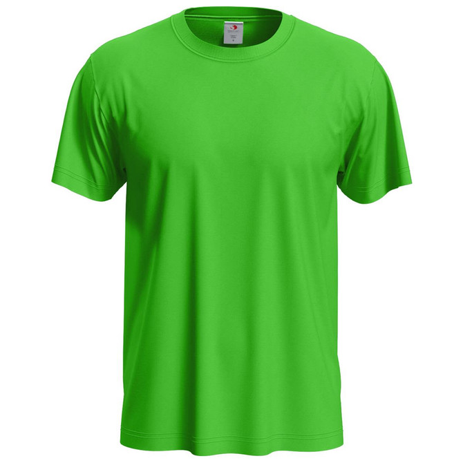 A bright green men's classic T-shirt, featuring a simple design and a logo on the label.