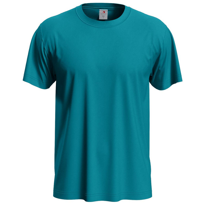 A teal men's classic T-shirt with a standard crew neck and short sleeves, featuring a logo on the inner label.