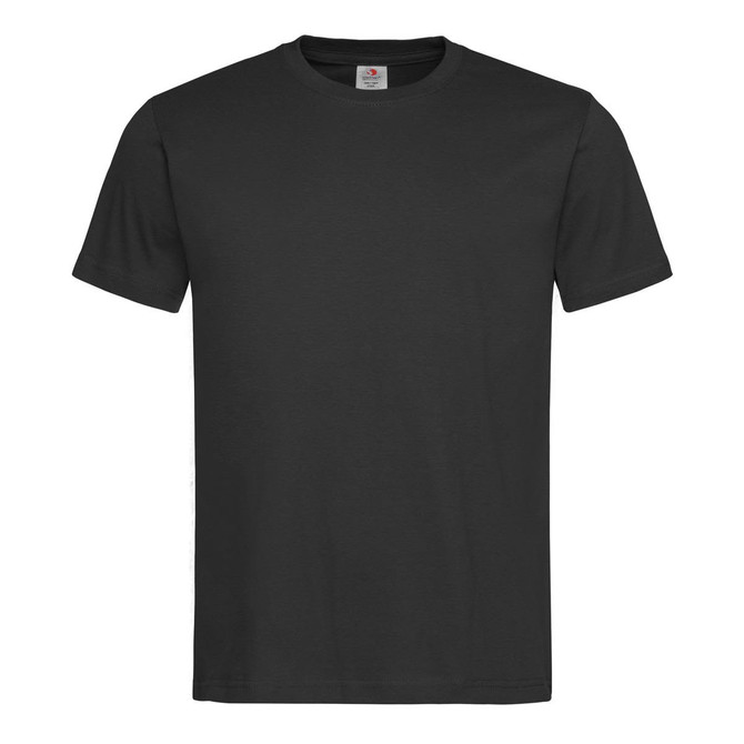 A black men's classic T-shirt with short sleeves and a round neckline, featuring a logo at the neck.