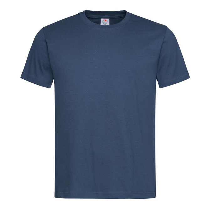 A blue Men's Classic-T Organic T-shirt with a crew neckline and short sleeves. The shirt features a logo label.