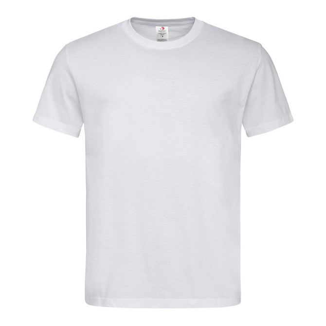 A plain white short-sleeve t-shirt with a round neckline and a brand logo on the tag.