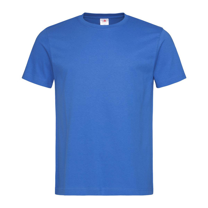 A blue heavyweight crew neck t-shirt featuring a logo tag. The shirt has short sleeves and a classic fit.