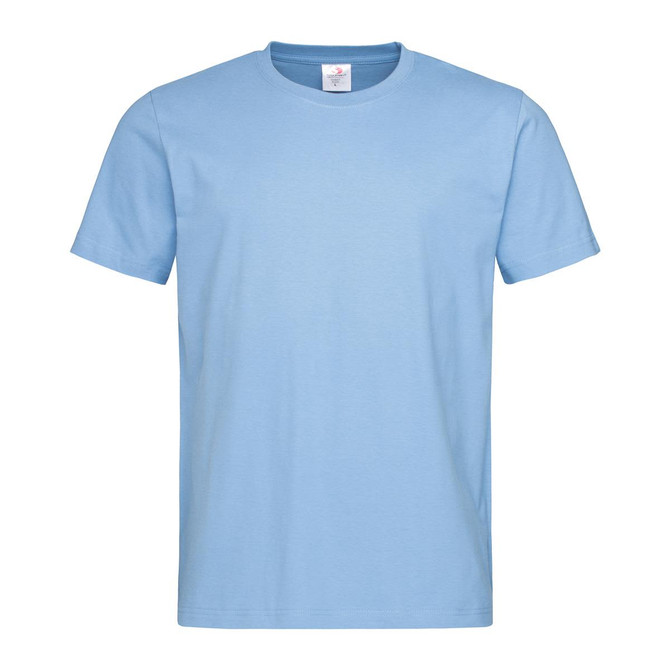 A light blue men's heavyweight comfort T-shirt with a crew neck, featuring a logo on the label.