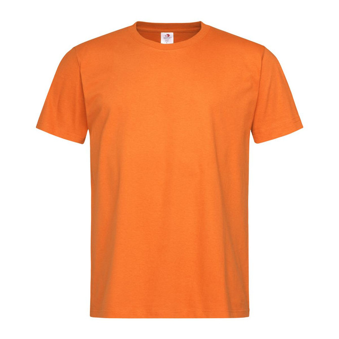 An orange heavyweight crew neck T-shirt with short sleeves and a label inside the collar.
