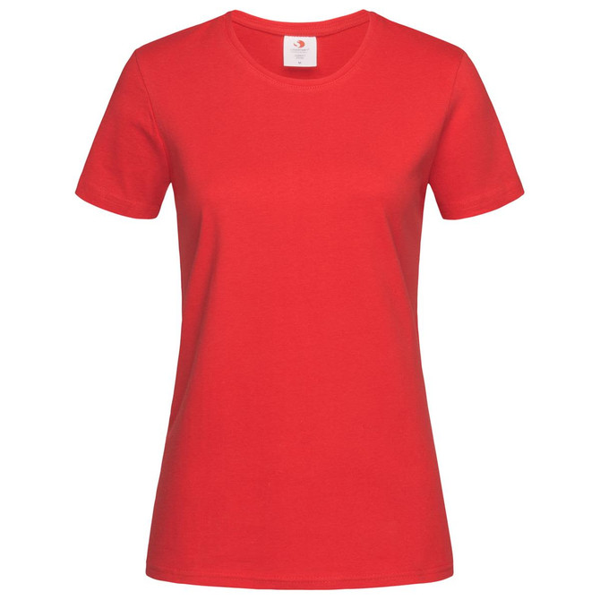 A red women's heavyweight comfort T-shirt with a crew neck and short sleeves, featuring a logo at the neckline.