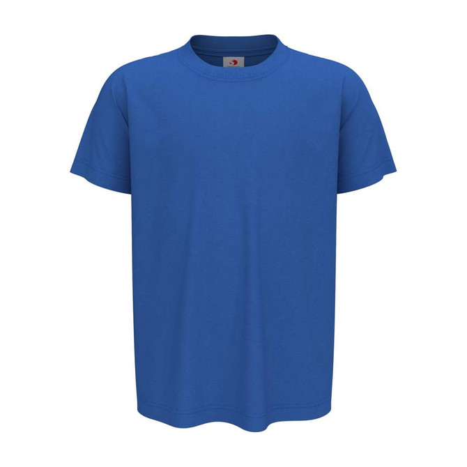 A blue organic crew neck t-shirt for kids, featuring short sleeves and a simple design. It includes a logo.