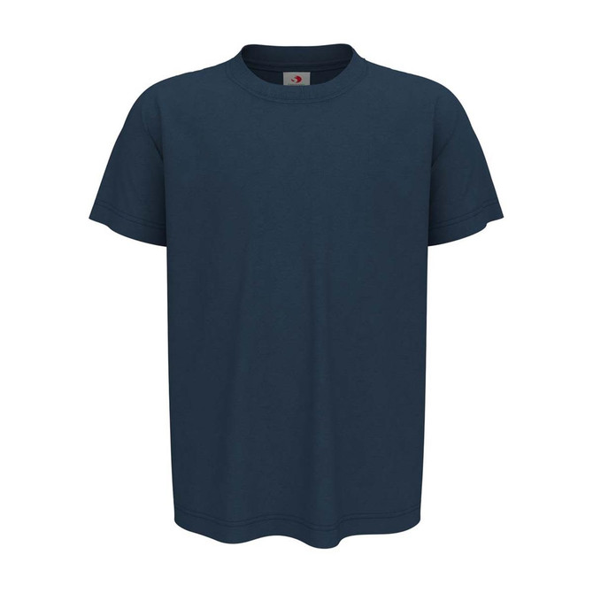 Organic crew neck t-shirt in navy blue, featuring short sleeves and a brand label on the inside.