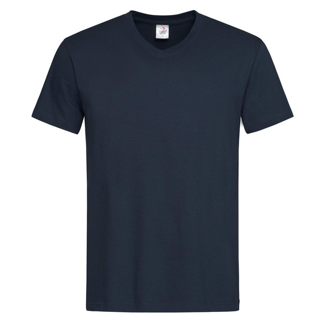 A navy blue men's classic V-neck T-shirt with short sleeves. The shirt features a label and has a simple design.