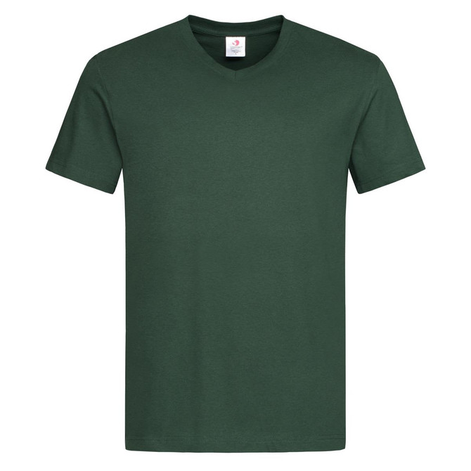 A green men's classic V-neck T-shirt with a plain design and a small logo on the label.
