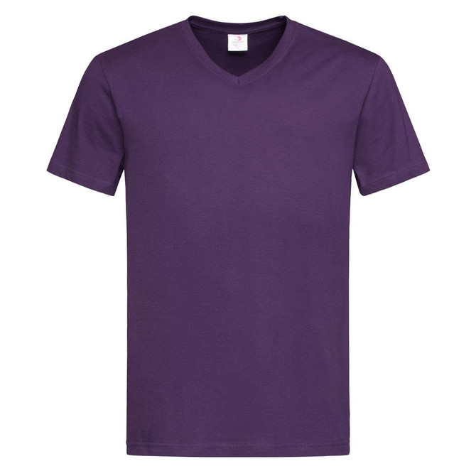 A purple men's classic V-neck T-shirt, featuring short sleeves and a simple design. It has a logo at the neck.