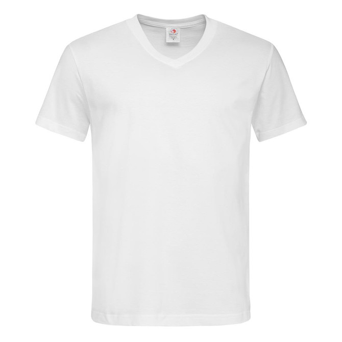 A white men's classic V-neck T-shirt featuring short sleeves and a brand logo.