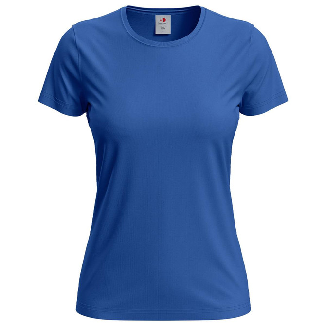 A women's classic T-shirt in a vibrant blue colour, featuring a round neck and short sleeves, with a logo.