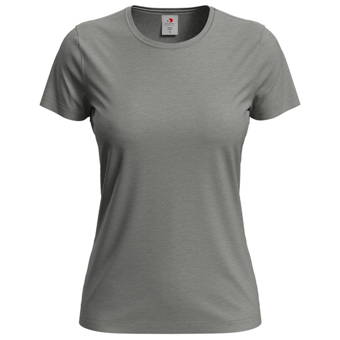 A women's classic T-shirt in a muted green colour, featuring a round neckline and short sleeves. It has a small logo.