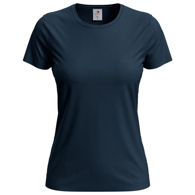 A women's classic T-shirt in dark navy blue, featuring a round neckline and short sleeves with a logo.