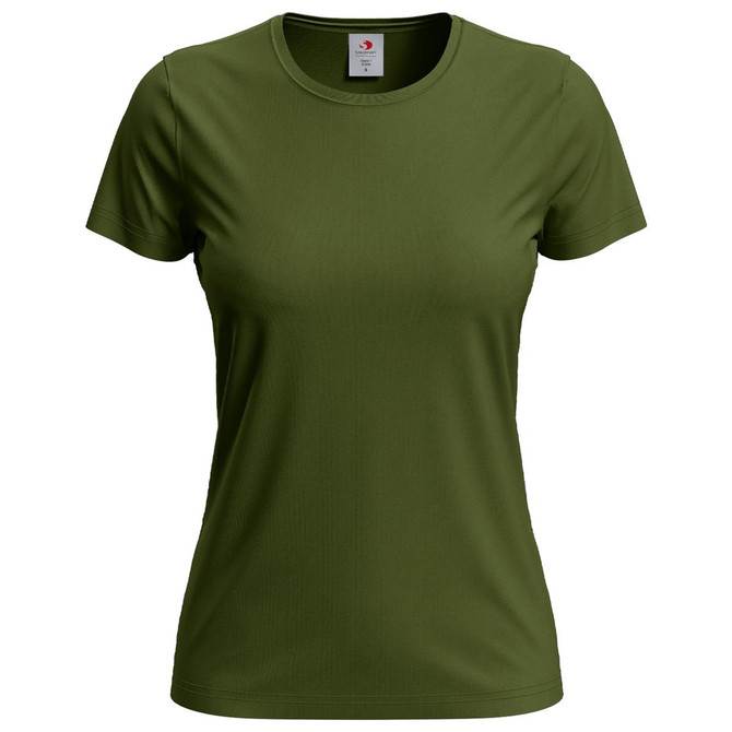 A women's classic T-shirt in olive green, featuring a round neckline and short sleeves. It has a logo on the label.