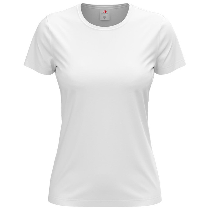 A white women's classic t-shirt with short sleeves and a round neckline, featuring a logo.