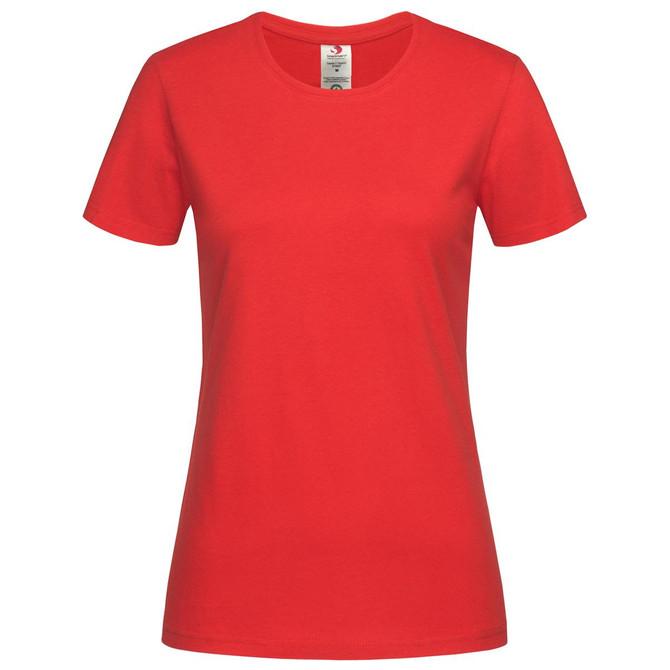 A red women's classic organic crew neck t-shirt displayed on a white background, featuring a label inside.