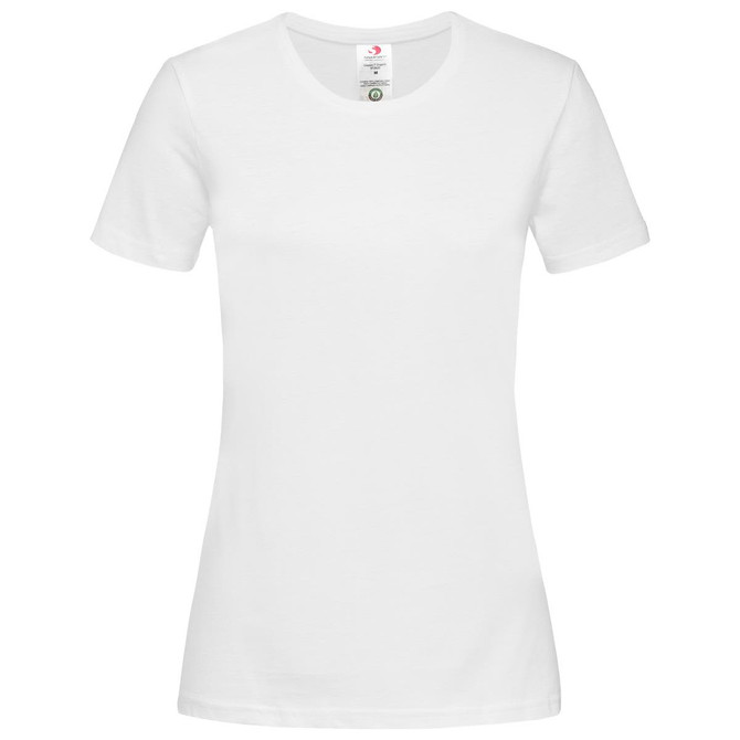 A white women's classic organic crew neck t-shirt with short sleeves and a small logo tag.