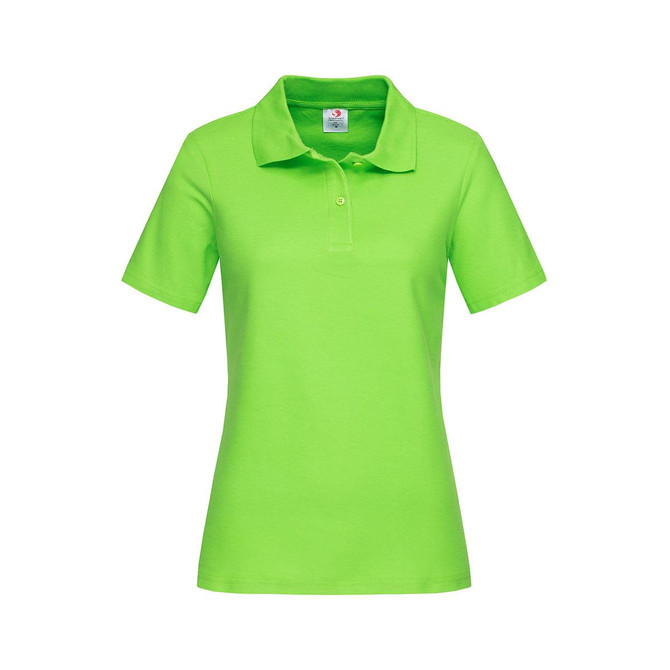 A bright green women's heavyweight polo shirt featuring a classic collar and short sleeves, with a logo on the label.