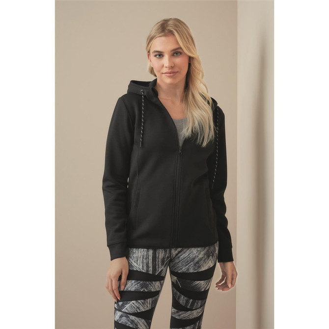 A black women's recycled scuba jacket with a hood, featuring a zip front and detailing on the drawstrings.