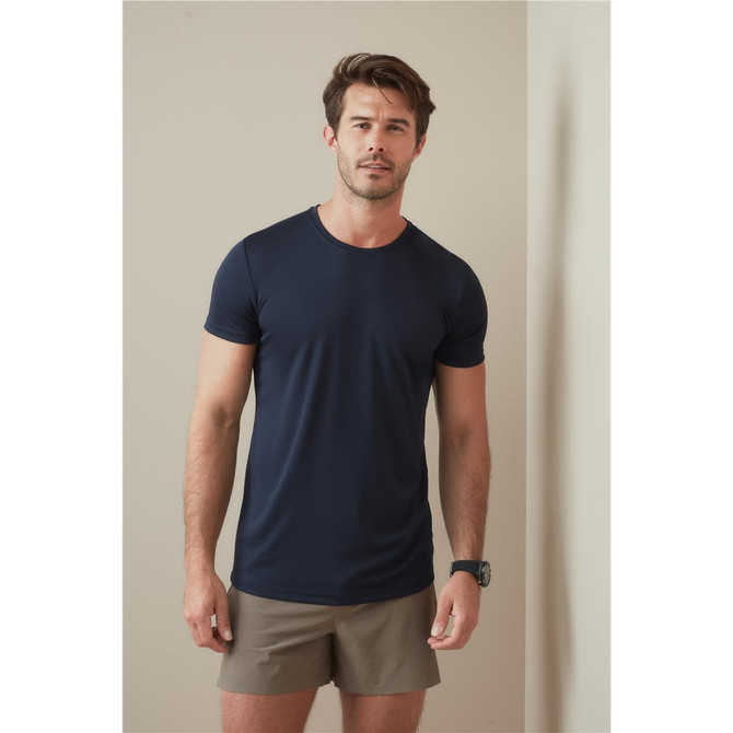 A navy blue men's active sports t-shirt displayed on a model wearing khaki shorts, featuring a simple logo.