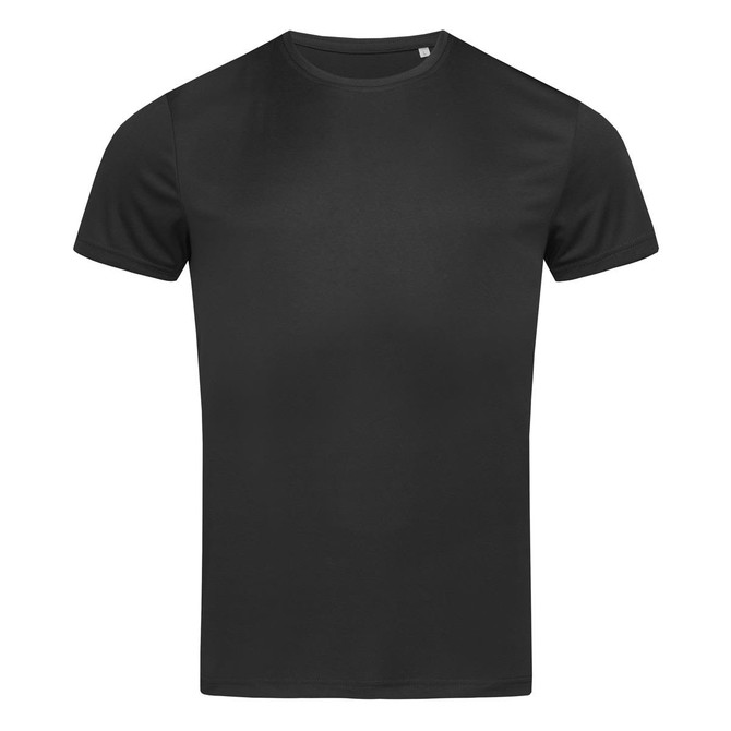 A black men's active sports T-shirt with a crew neck and short sleeves. Features a logo on the front.