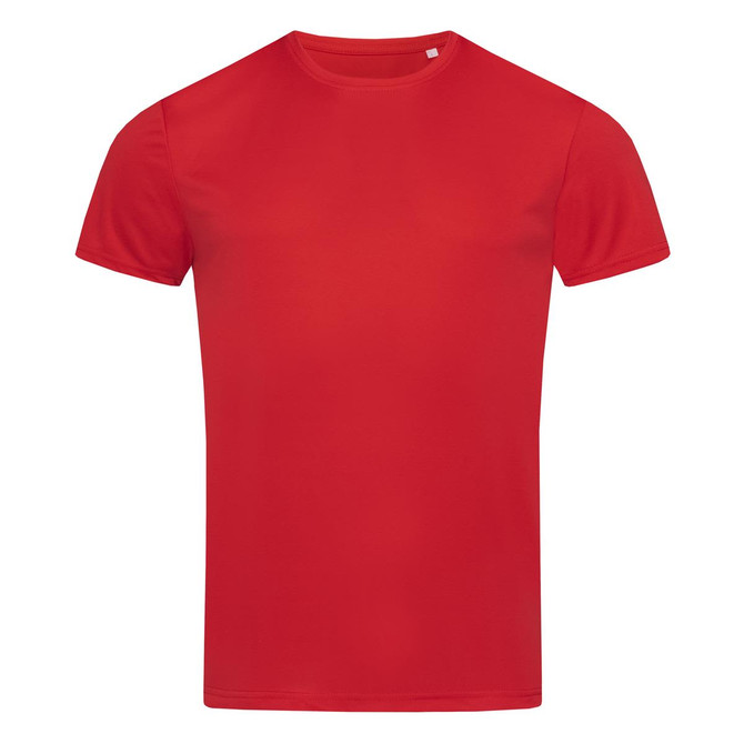 A red men's active sports T-shirt with a crew neck and short sleeves. It includes a logo.