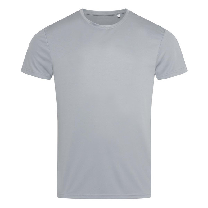 A light grey men's active sports T-shirt with a round neckline and short sleeves, featuring a small brand logo.