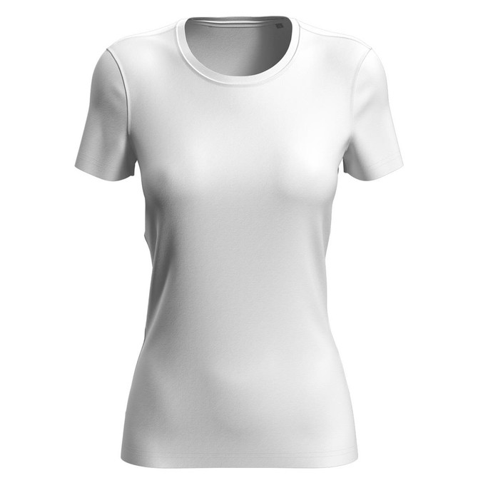 A white women's active sports T-shirt with short sleeves and a round neckline. It features a logo.